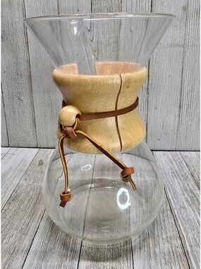 Vtg Chemex Pour Over Coffee Maker Blown Glass Wood Collar 8.5" Tall